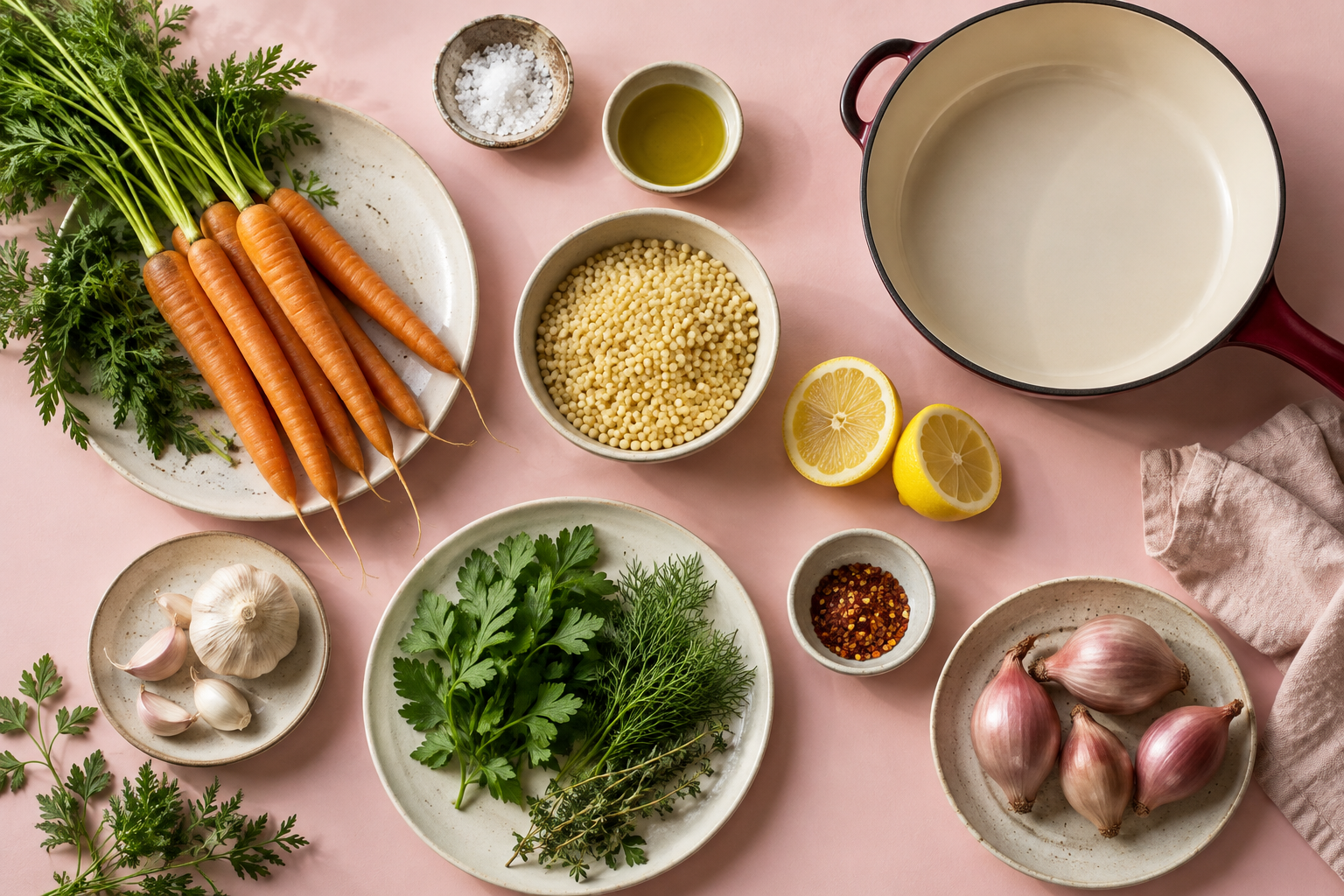 Carrots, herbs, lemon and couscous arranged on a rose kitchen counter